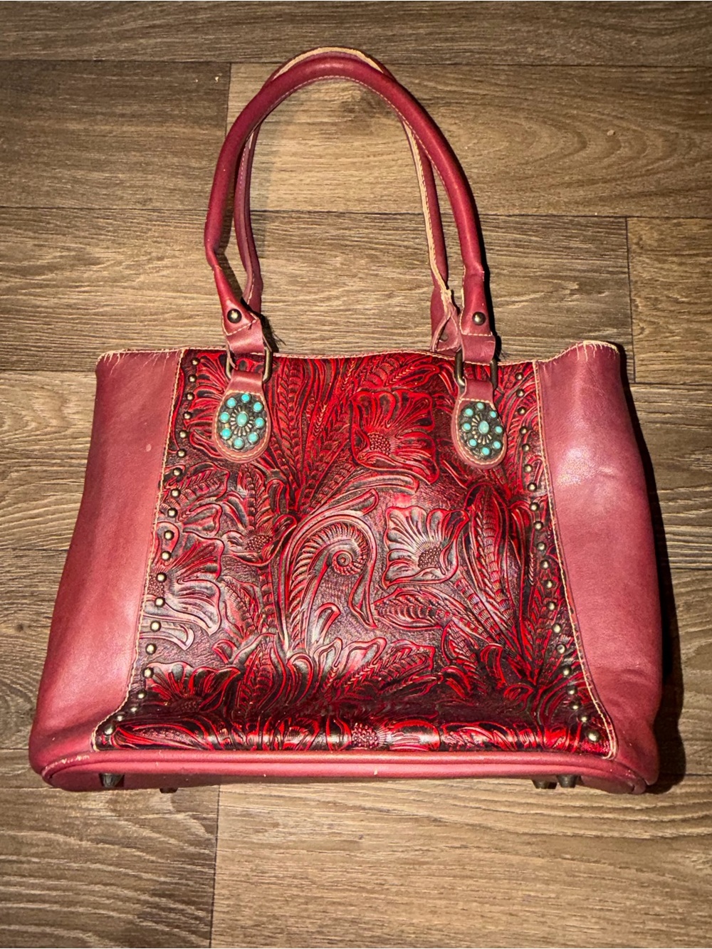 Montana West Trinity Ranch Red Floral Tooled Concealed Carry Handbag